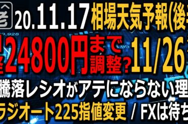 【相場天気予報(後半)】日経平均は24800円まで調整する？11/26に注意。騰落レシオがアテにならない理由。動かないドル円はどうなる？ユーロ円、英ポンド円などの売買ポイントは？ラジオヤジの相場解説。