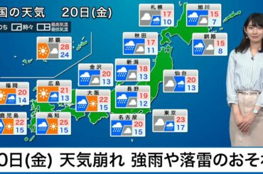 20日(金)の天気全国的に天気崩れ、強雨や落雷のおそれ