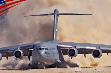 すごい砂煙を巻き上げてダート滑走路に離着陸するC-17大型輸送機