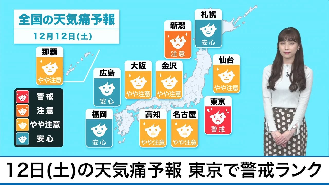 12日(土)の天気痛予報 東京では警戒ランク 12日(土)の天気痛予報 東京では警戒ランク