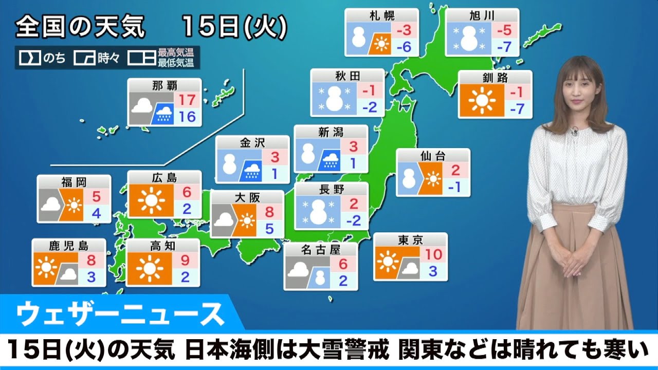 15日(火)の天気/日本海側は大雪警戒。関東などは晴れても寒い 15日(火)の天気/日本海側は大雪警戒。関東などは晴れても寒い