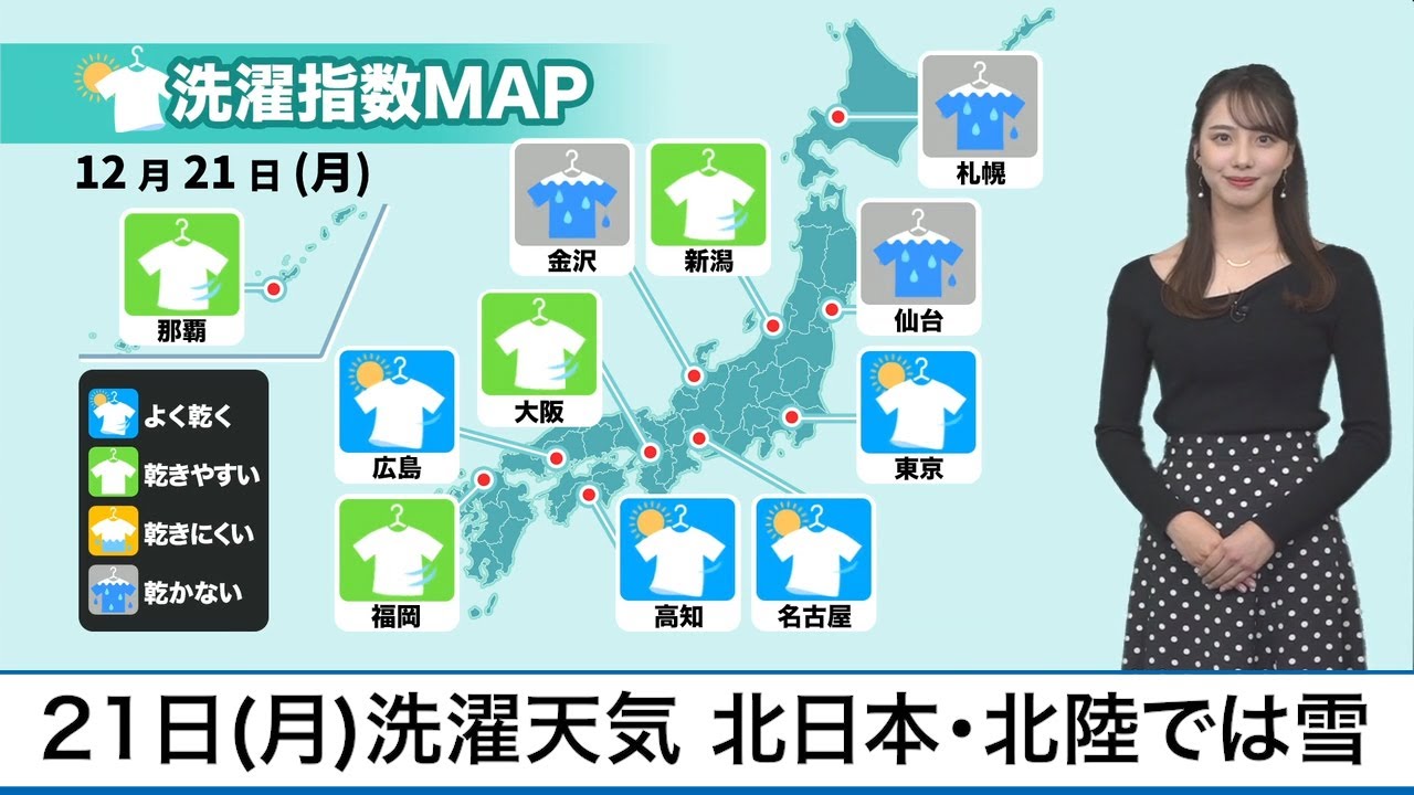 12月21日(月)の洗濯天気予報 北日本や北陸では雪の降りやすい空 12月21日(月)の洗濯天気予報 北日本や北陸では雪の降りやすい空