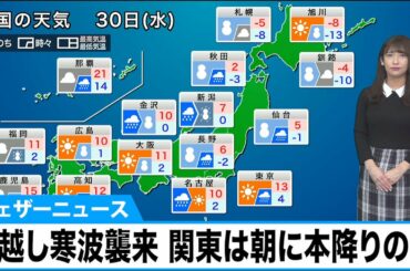 きょう30日(水)の天気　関東は朝に本降りの雨　夜にかけて年越し寒波襲来