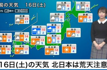 1月16日(土)の天気 北日本は荒天注意　関東は季節外れの陽気