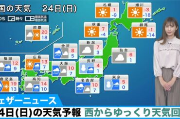 24日(日)の天気予報 西からゆっくり天気回復