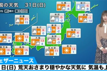 31日(日)の天気／荒天おさまり穏やかに。気温も上昇