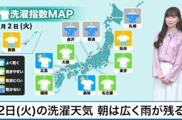 2月2日(火)の洗濯天気予報　朝は広く雨が残る
