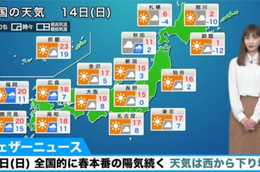 14日(日) 全国的に春本番の陽気続く。天気は西から下り坂に