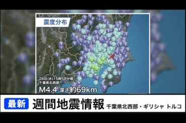 週間地震情報　千葉県北西部・ギリシャ トルコ