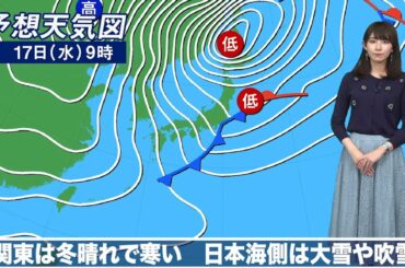17日(水)の天気　関東は冬晴れで寒い　日本海側は大雪や吹雪