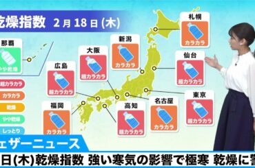 18日(木)乾燥指数 強い寒気の影響で極寒 乾燥に警戒