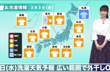 あす3日(水)洗濯天気予報　広い範囲で外干しOK
