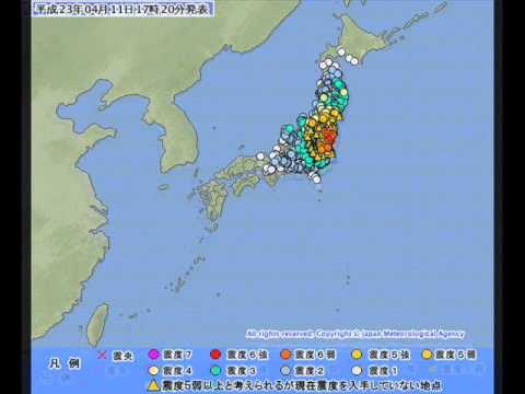 東北地方太平洋沖地震（全国地震発生分布図）2011/04/10～11
