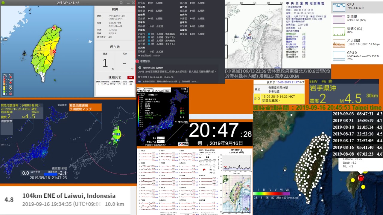 [日本地震速報]2019/09/16岩手県沖 M4.4 震度1