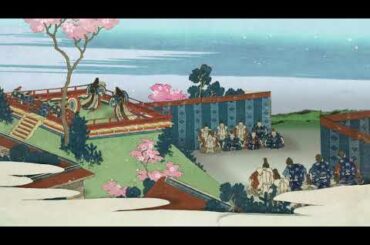 浮世絵アニメ　葛飾北斎　百人一首シリーズの12番目と桜の下のタンポポとクローバー