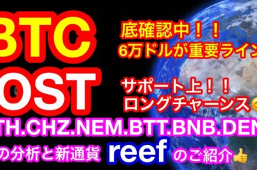 【仮想通貨 BTC.ETH.CHZ.NEM.IOST.BTT.BNB.DENT】ビットコインが粘り強く耐える❗️バーン発表のBNBコインはまだ上昇👍DENTは三尊注意❗️新通貨紹介は『Reef』😊