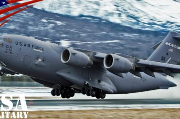 C-17大型輸送機が1200m滑走路で短距離離着陸とタッチ&ゴー - C-17 Transport Aircraft 4000 ft Runway Land, Take, Touch-and-go