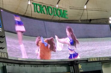 20210418　ﾌｧｲﾀｰｽﾞｶﾞｰﾙとﾏｽｺｯﾄ　ﾀｵﾙを使ったﾀﾞﾝｽﾊﾟﾌｫｰﾏﾝｽ　4回表終了後　北海道日本ﾊﾑﾌｧｲﾀｰｽﾞ主催試合@東京ﾄﾞｰﾑ･ﾚﾌﾄ外野