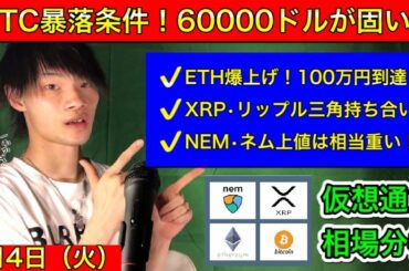 【ビットコイン暴落条件！60000ドルが固い！】　イーサリアム100万円まで爆上げ？　リップル三角持合い！　ネム上値重い展開！　BTC/XRP/ETH/NEM　5月4日（火）～　今日の仮想通貨相場分析