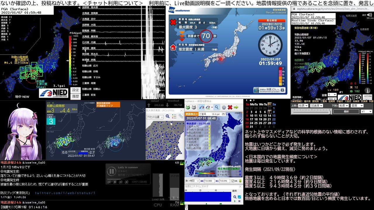 【緊急地震速報】2022/01/07 01:59発生 和歌山県南部 M3.9 最大震度2