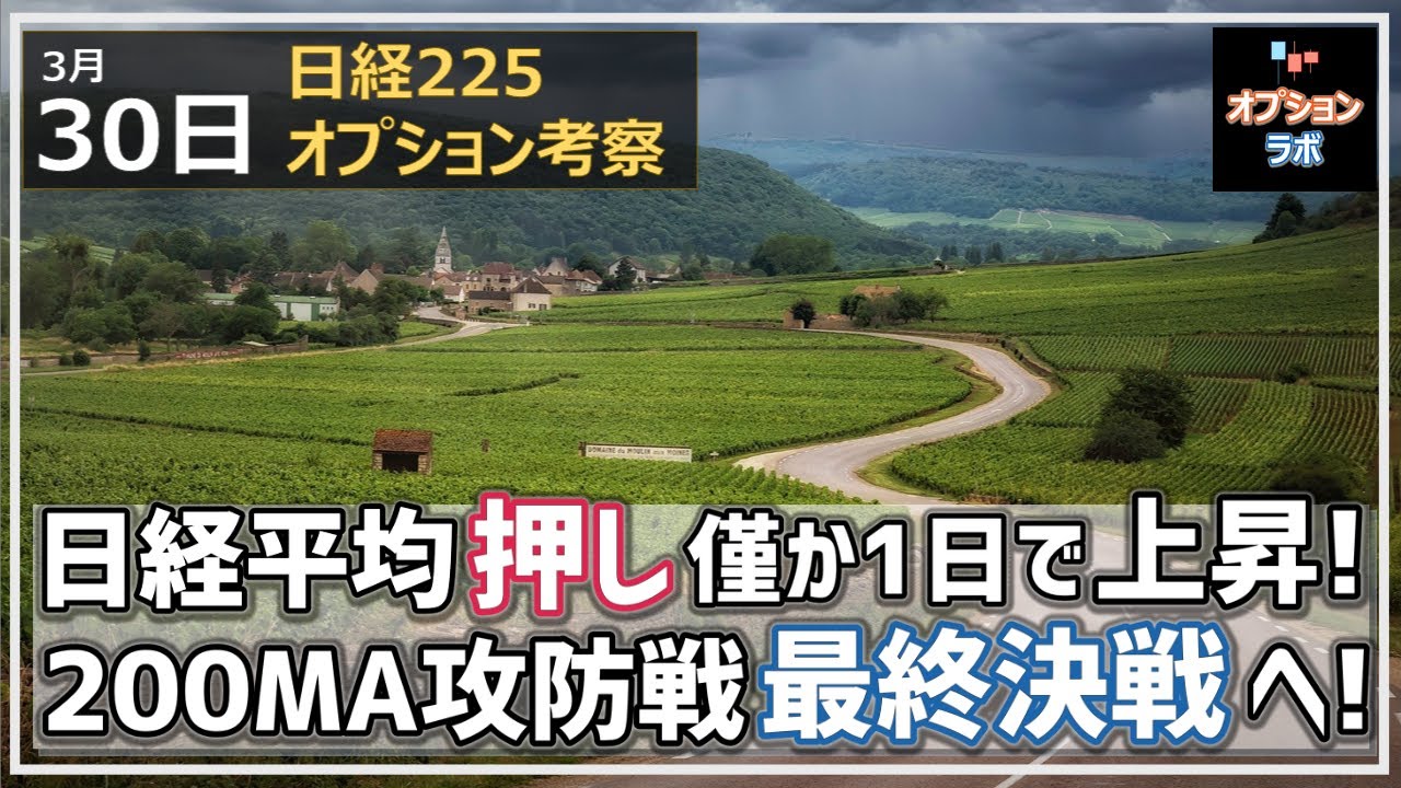 【日経225オプション考察】3/30 日経平均 押しはたったの1日でまた上昇へ! 200MA攻防戦、地政学リスクと共に最終決戦へ!