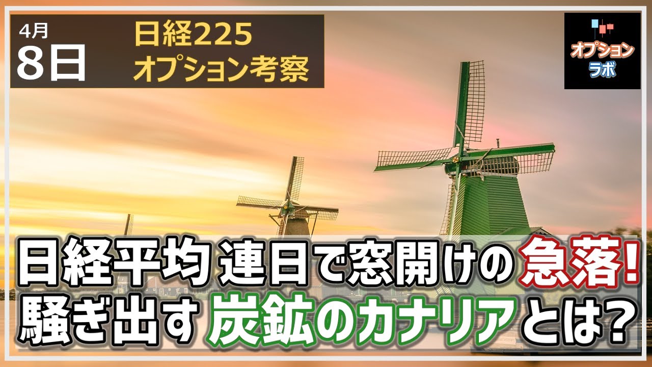 【日経225オプション考察】4/8 日経平均 連日で窓開け急落! 騒ぎ出す炭鉱のカナリアと死守ラインとは!?