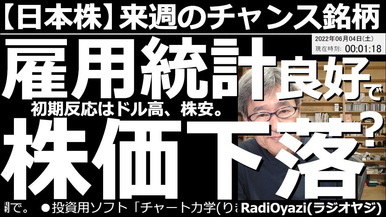 【日本株-来週のチャンス銘柄】雇用統計良好で、株価下落?-初期反応はドル高、株安 アメリカの雇用統計が発表された。結果は堅調で、これを受けドル高と株安が進んでいる。週明けの株式市場は、軟調スタートか。