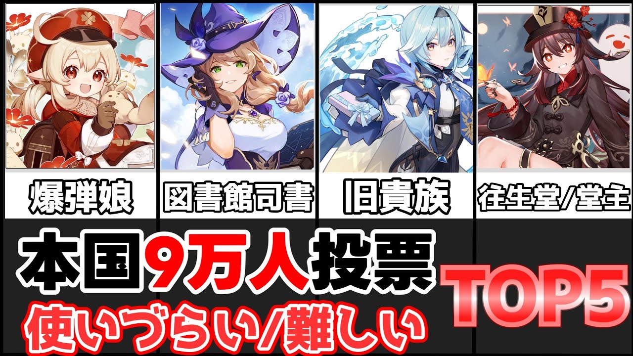 【上級者向け?】本国使うのが難しいキャラTOP5&個人的使うのが難しいTOP5【攻略解説】螺旋12層,無課金,微課金,使いづらい,胡桃,一斗,エウルア,八重神子クレー