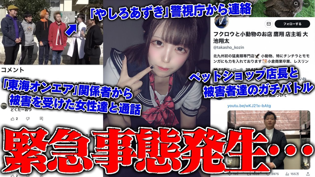 【緊急生放送】嘘だろ?650万人越えグループYouTuber関係者から被害を受けた女性と通話…ペットショップ店長から被害?被害者達と本人呼んで会議通話したらガチ喧嘩に…やしろあずきの件で警視庁から連絡