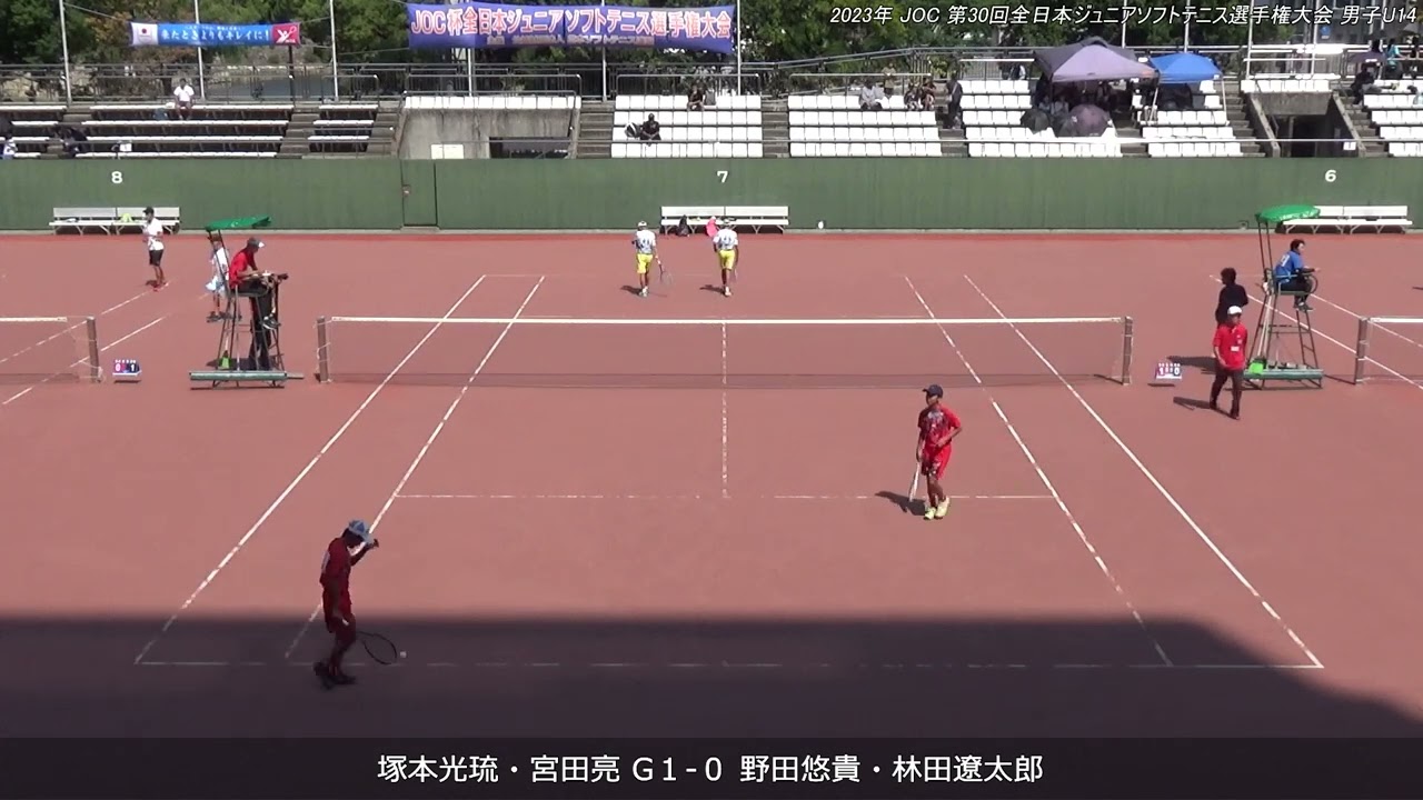2023年 全日本ジュニアソフトテニス選手権大会 男子子U-14 ダブルス 決勝 塚本光琉・宮田亮(愛知 朝日丘中学校・徳島 市場中学校) 対 野田悠貴・林田遼太郎(東京 清明学園中学校)