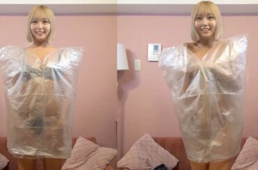 【ノーブラノーパン】透明ビニール袋の中で脱いでみた