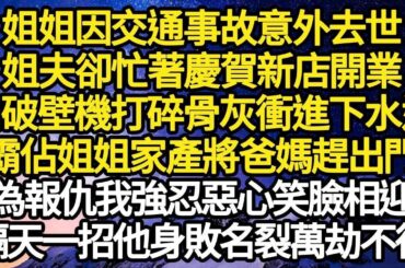 姐姐因交通事故意外去世，姐夫卻忙著慶賀新店開業，用破壁機將骨灰打碎衝進下水道，霸佔家產將我爸媽趕出門，為報仇我強忍惡心笑臉相迎，隔天一招他身敗名裂萬劫不復#故事#情感#情感故事#人生#人生經驗