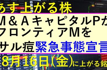あす上がる株　2024年８月１６日（金）に上がる銘柄。サル痘でWHOが緊急事態宣言。Ｍ＆Ａキャピタルパートナーズがフロンティア・マネジメントの株を～最新の日本株情報。高配当株の株価やデイトレ情報も～