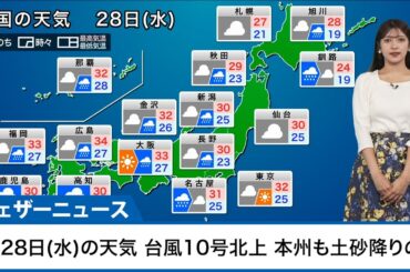 8月28日(水)の天気予報　台風10号がゆっくり北上　本州も土砂降りの雨に注意