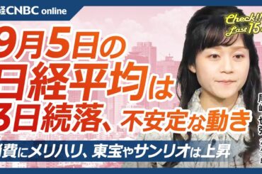 【9月5日(木)東京株式市場】日経平均株価は3日続落、円高警戒／日本株・半導体⇩エヌビディアに身構え／日銀高田委員発言は／雇用統計など米重要指標の発表続く／実質賃金⇧サンリオも⇧／NY原油が年初来安値