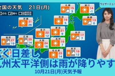 10月21日(月)の天気予報　広い範囲で日差し届く　九州太平洋側は雨が降りやすい