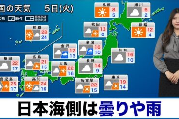 【5日(火)の天気】日本海側は曇りや雨／太平洋側も雨具があると安心