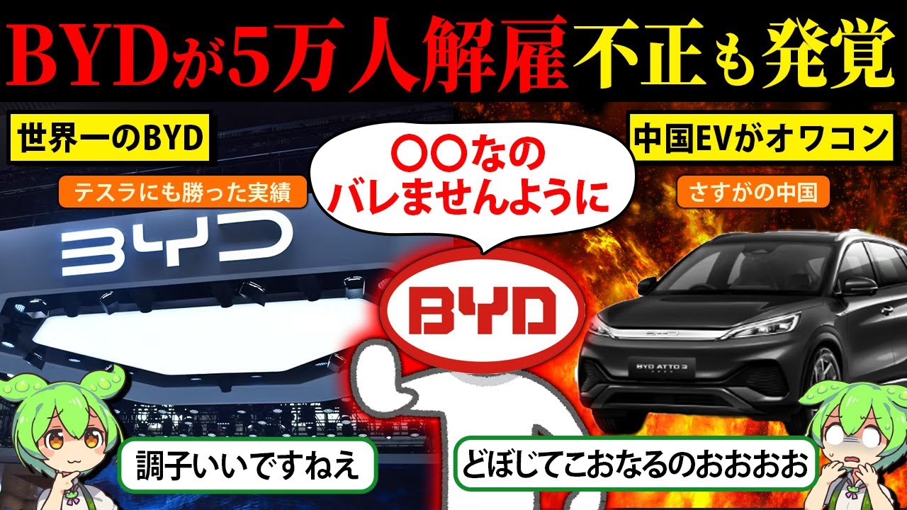 中国EVが完全終了?BYDの現状がヤバい…不正、5万人解雇に給料未払い【ずんだもん&ゆっくり解説】 中国EVが完全終了?BYDの現状がヤバい…不正、5万人解雇に給料未払い【ずんだもん&ゆっくり解説】