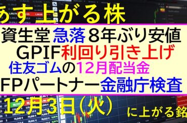 あす上がる株　2024年１２月３日（火）に上がる銘柄。資生堂が８年ぶりも安値に。FPパートナー、金融庁調査でストップ安。GPIF期待。住友ゴムの配当～最新の日本株情報。高配当株の株価やデイトレ情報～