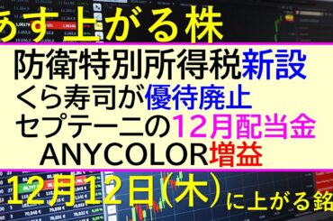 あす上がる株　2024年１２月１２日（木）に上がる銘柄。防衛特別所得税を新設。くら寿司が優待廃止。エニーカラーは増益。セプテーニの１２月配当金～最新の日本株情報。高配当株の株価やデイトレ情報～