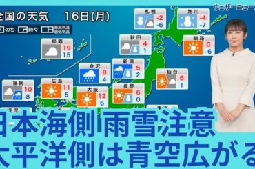 12月16日(月)の天気予報　日本海側は雪や雨の強まりに注意　太平洋側は青空広がる