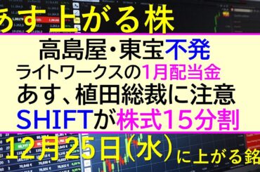 あす上がる株　2024年１２月２５日（水）に上がる銘柄。SHIFTが株式１５分割。高島屋・東宝不発。あすの植田総裁に注意。ライトワークスの１月配当金～最新の日本株情報。高配当株の株価やデイトレ情報～