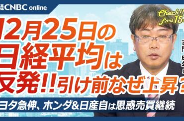 【12月25日(水)東京株式市場】日経平均株価は反発、大引け前一段高／日銀植田総裁講演後も円安、1月利上げは／日本株・ホンダと日産自思惑売買、トヨタROE20%／25年物色の主役は？エヌビディア頭打ち