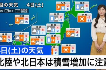 【1月4日(土)の天気予報】北陸や北日本は積雪増加に注意　関東は初詣日和