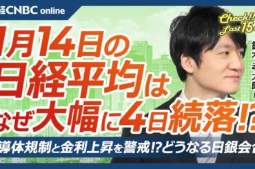 【1月14日(火)東京株式市場】日経平均株価は大幅続落、半導体規制と金利上昇警戒／エヌビディア業績懸念で日本株・主力ハイテク株⇩／氷見野副総裁講演、日銀会合で利上げは／安川電急落、外食株やファストリも