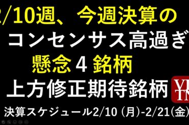 今週2/10週決算、コンセンサスが高い懸念銘柄と上方修正期待銘柄。決算スケジュール２週間分～あす上がる株。最新の日本株情報。高配当株の株価やデイトレ情報も～