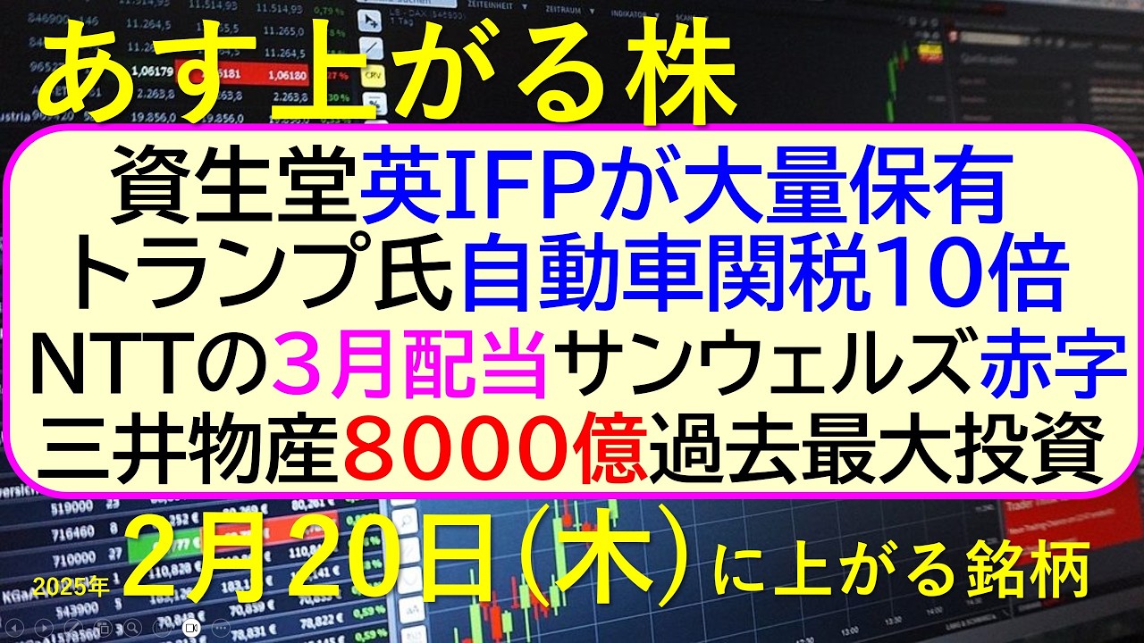 あす上がる株 2025年2月20日(木)に上がる銘柄。資生堂IFP大量保有。三井物産が過去最大投資。サンウェルズ赤字。自動車関税10倍。NTTの配当。~最新の日本株情報。高配当株の株価やデイトレ情報~ あす上がる株 2025年2月20日(木)に上がる銘柄。資生堂IFP大量保有。三井物産が過去最大投資。サンウェルズ赤字。自動車関税10倍。NTTの配当。~最新の日本株情報。高配当株の株価やデイトレ情報~