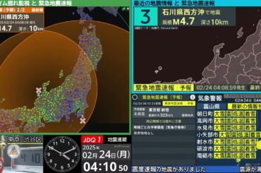 【複数地震】千葉県南東沖　石川県西方沖　震度３（2025/2/24 4:07ごろ　切り抜きアーカイブ）