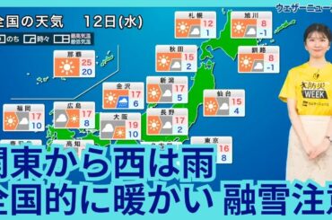 3月12日(水)の天気予報　関東から西は雨の可能性　全国的に暖かい