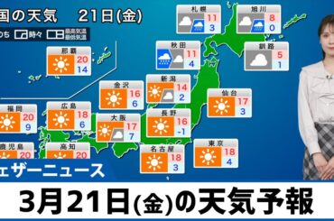 【3月21日(金)の天気予報】西日本や東日本は晴れて暖か　北海道は雪ではなく雨に